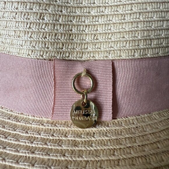 Melissa Odabash cream toned fedora hat with pale pink ribbon band and gold charm main image 4